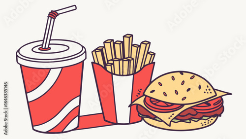 Burger Fries Drink Cartoon Illustration Fast Food Combo Takeout Graphic