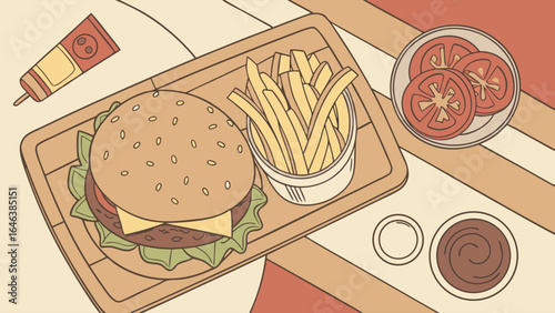 Burger with fries illustration: Appetizing fast food set on wooden tray