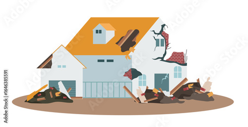 Abandoned house awaiting demolition vector illustration, Damaged abandoned house for demolition and reconstruction, building construction concept