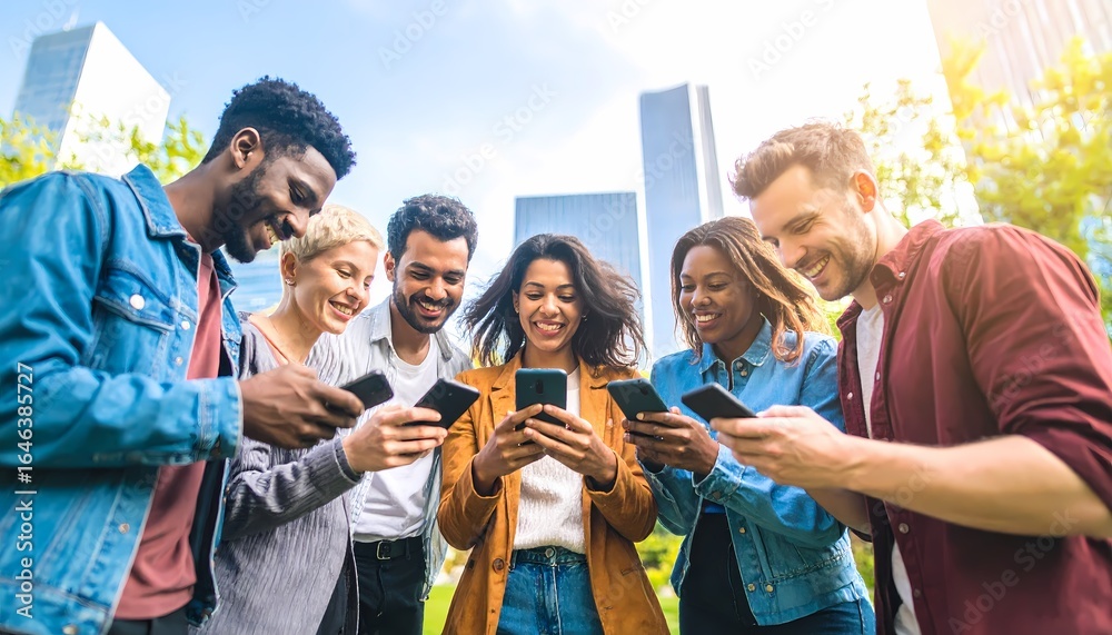 Obraz premium A diverse group of young people stand in a circle outdoors, each engrossed in their smartphones, with a bright blue sky and green grass visible.