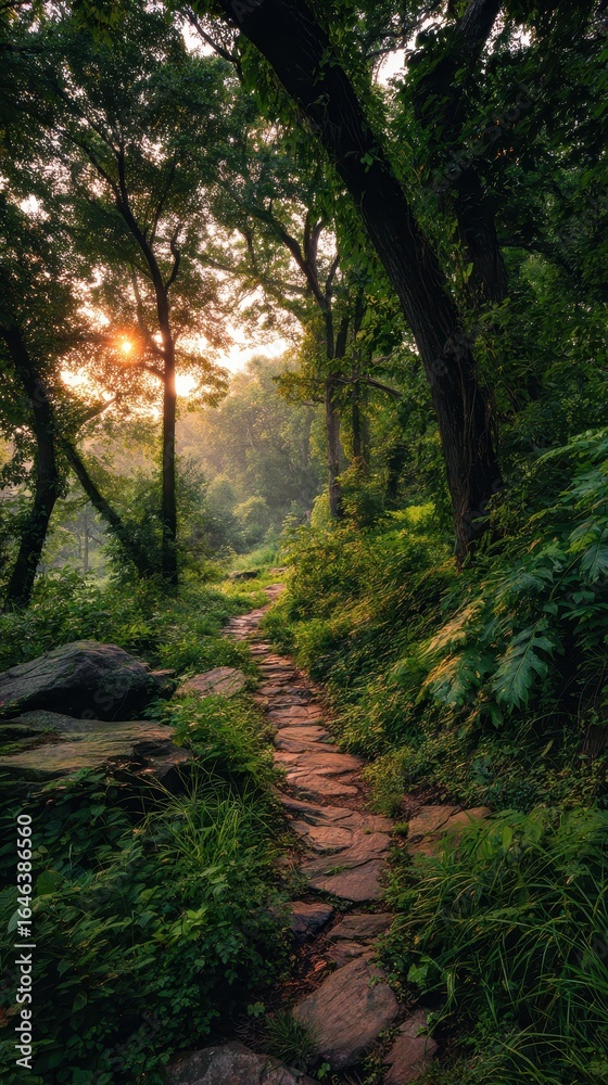 Naklejka premium Winding Path Through Lush Green Forest at Sunrise