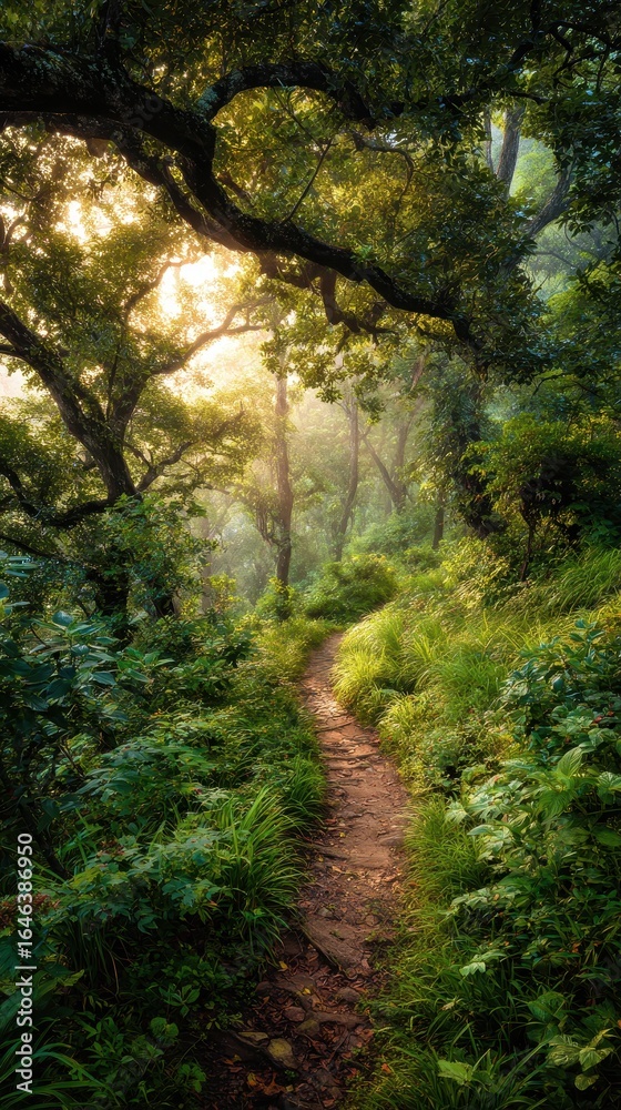 Naklejka premium Winding Path Through Lush Green Forest at Sunrise