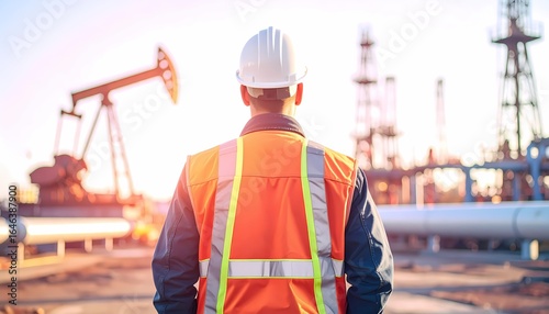 A worker in a hard hat and high-visibility vest stands facing an oil field with pumpjacks and industrial infrastructure in the background during a bright sunrise.