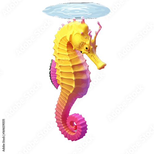 A vibrant stylized seahorse illustration with a yellow to pink gradient body spiny texture and a curled prehensile tail.