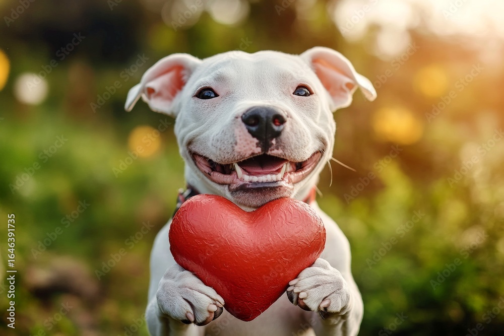 Obraz premium Ad campaign furry friend conceptual art. Dogo argentino - my preferred dog, symbol of friendship. Cute dogo argentino pooch with animal toy red heart on a walk in a spring garden.