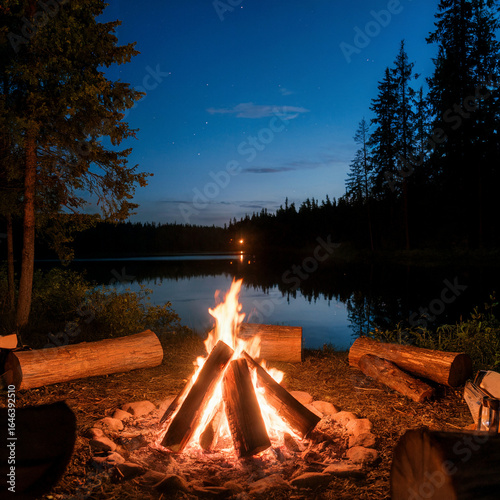 Nighttime Lakeside Campfire with Reflections