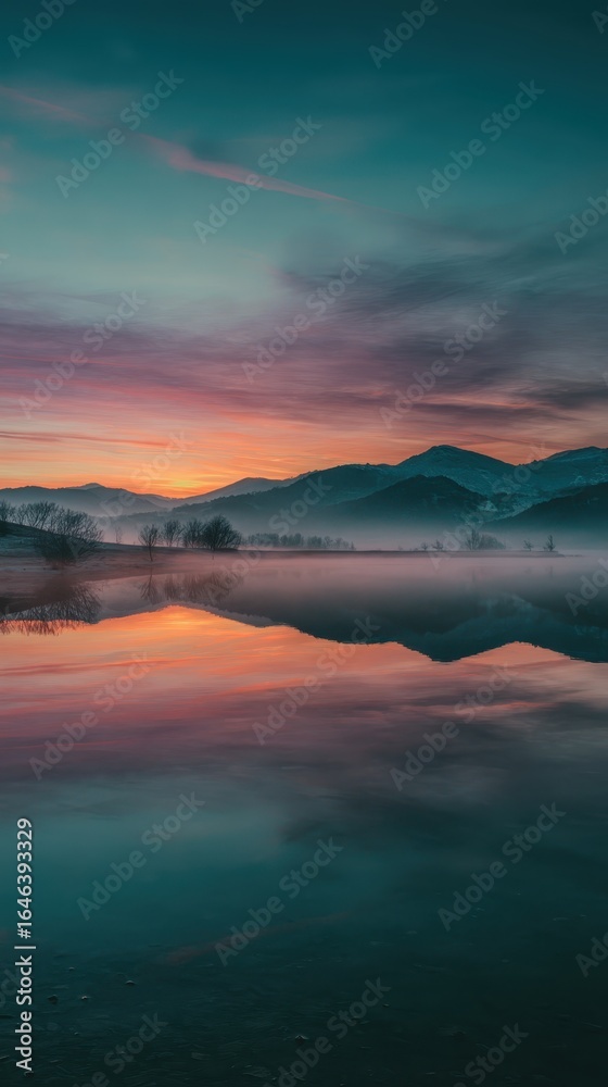 Fototapeta premium Winter Sunset Over Foggy Lake With Mountain Reflection