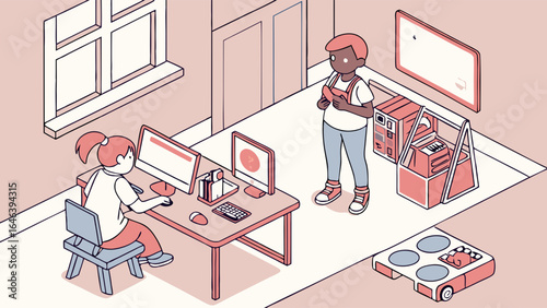 Isometric illustration of coworkers in office with computers and printer