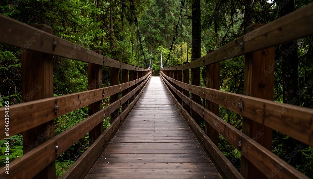 Wooden suspension bridge in lush forest Wooden suspension bridge in lush forest