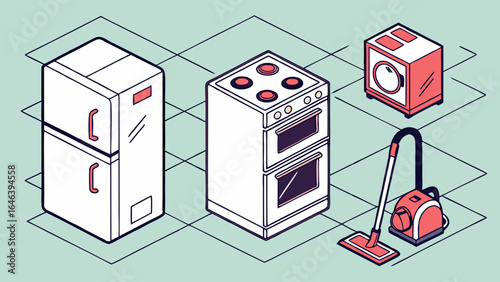 Isometric illustration of household appliances on a tiled floor
