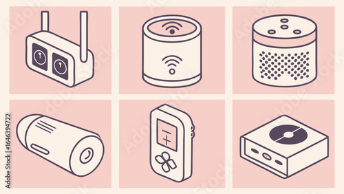 Isometric Illustration of Smart Home Devices on a Pastel Pink Background.