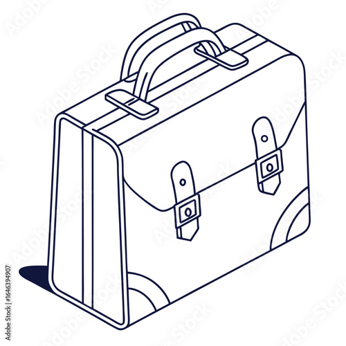 Isometric Line Art Illustration of a Vintage Briefcase With Handles and