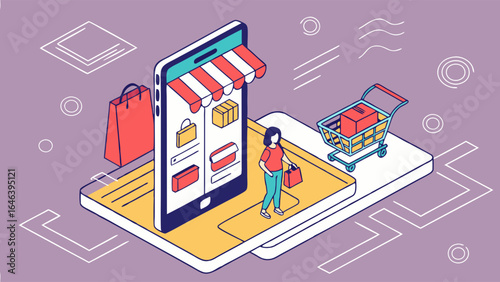Isometric Online shopping illustration smartphone purchase product delivery