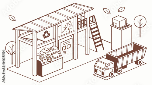 Isometric Recycle Center Illustration with Truck, Boxes, and Recycling