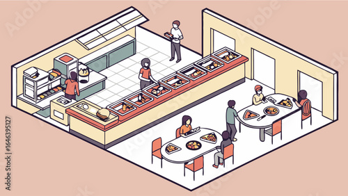 Isometric Restaurant Illustration: People at Buffet and Tables Dining