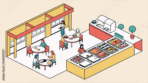 Isometric restaurant interior with people eating and food service