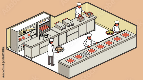 Isometric Restaurant Kitchen with Chefs Cooking and Serving Dishes