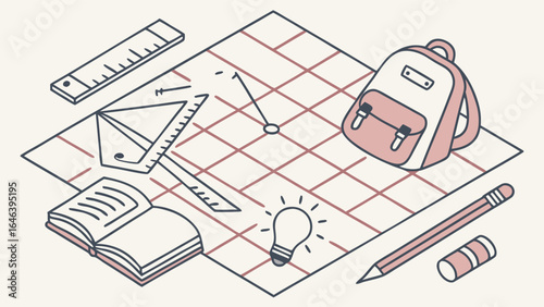 Isometric school supplies illustration with backpack and learning tools