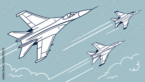 Jet Fighters Squadron in Flight Over Blue Sky Vintage Illustration