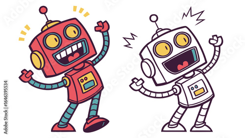 Joyful Cartoon Robots Dancing Illustration Isolated on White Background