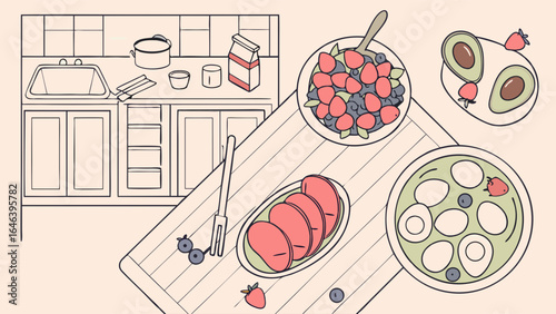 Kitchen Counter with Fruits, Ingredients & Healthy Breakfast Composition