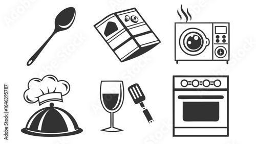 Kitchen Icons set: Spoon, Recipe Book, Oven, Dish, Microwave, Wine Glass