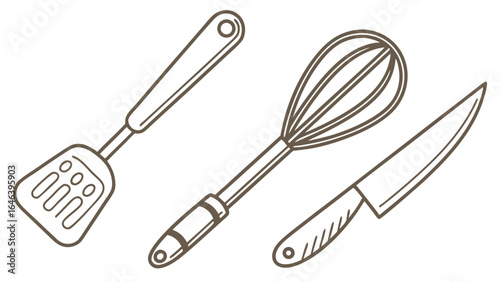 Kitchen utensils illustration of spatula whisk and knife isolated