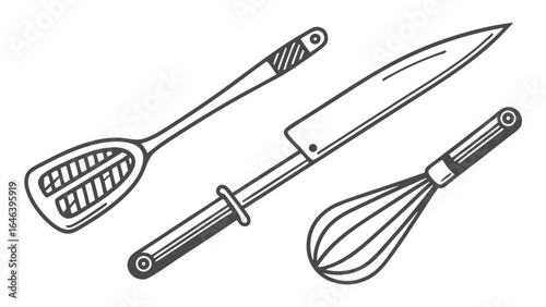 Kitchen Utensils Illustration: Whisk, Knife, and Spatula in a Lineup