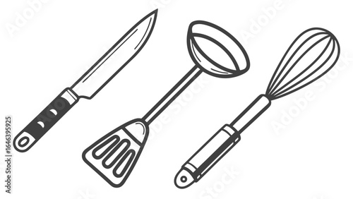 Kitchen Utensils Illustrations Knife Spatula Whisk Vector Line Art Tools