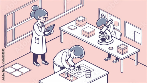 Laboratory Illustration: Scientists Working with Microscope and Samples