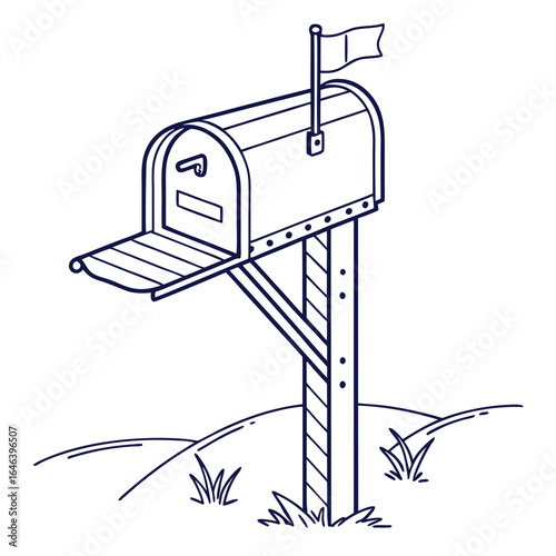 Line Art of Classic Mailbox with Open Door and Raised Flag on the lawn