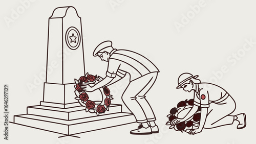 Memorial Ceremony Illustration: Wreath Laying at Stone Monument Artwork