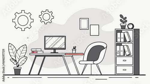 Modern office interior illustration with furniture and decor elements