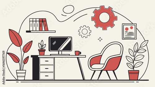 Modern Office Interior with Desk, Computer, Chair, Plants and Gears Drawing