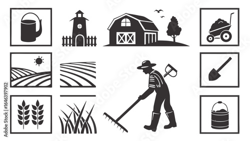 Monochrome Farming Illustration with Barn, Fields and Farmer Graphics