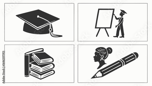 Monochrome Graduation Elements: Cap, Teaching, Books, Writing Tools