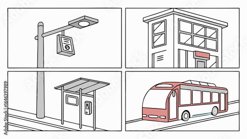 Monochrome Transit Illustration: Bus, Station, Stop, and Signage Elements