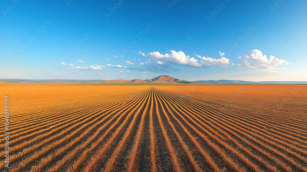 Naklejka premium Arid landscape with parallel lines in the foreground and a distant hill.
