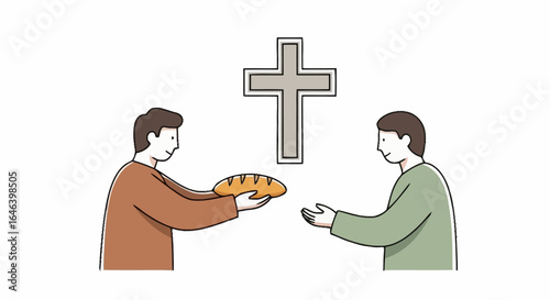 Symbolic Representation of Sharing Bread and Faith Under the Cross, Emphasizing Religious Values and Community for Educational and Illustrative Purposes.