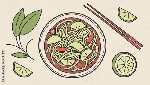 Noodle dish with lime wedges and chopsticks - Vector illustration vector