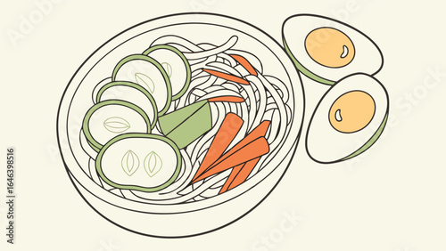 Noodle bowl illustration with cucumber, carrots and boiled eggs in a