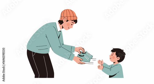 Father Offering Protective Face Mask to His Son, Emphasizing Health and Safety During Outbreaks, Suitable for Educational Materials and Pandemic Awareness Campaigns
