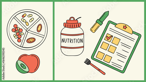 Nutrition and Health Icon Set: Food, Pills, Supplements and Diet Checklist