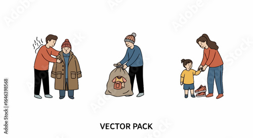 Illustrated depiction of clothing donation and assistance, portraying acts of kindness and support for vulnerable populations in need of warmth and comfort
