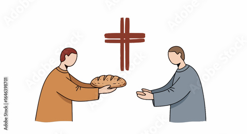 Symbolic Representation of Christian Communion and Sharing, conveying themes of faith, community, and spiritual nourishment, suitable for religious illustrations and educational materials