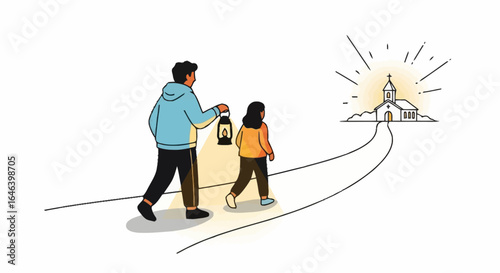 Guiding Light Illustration Featuring Father and Daughter Walking Towards Church, Symbolizing Faith, Hope, and Spiritual Journey for Religious Education