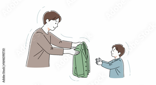 Father and son sharing a jacket illustration, depicting care, warmth, and family bonding, for use in educational materials, articles or parenting guides.