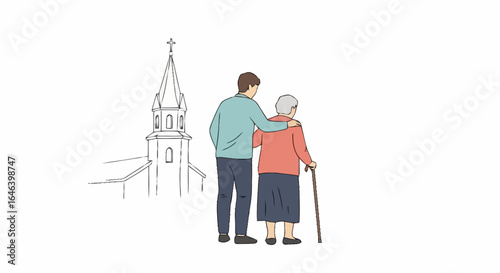 Compassionate Assistance Illustration Depicting a Young Man Supporting an Elderly Woman Walking Towards a Church for Faith-Based Community Engagement