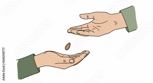 Hands Passing a Coin Depicting Donation, Charity, and Financial Assistance for Illustrative Purposes in Social and Economic Projects
