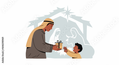 Biblical Nativity Scene Depicting a Wise Man Offering a Gift to a Child, Suitable for Illustrating Christmas Stories and Religious Education Materials